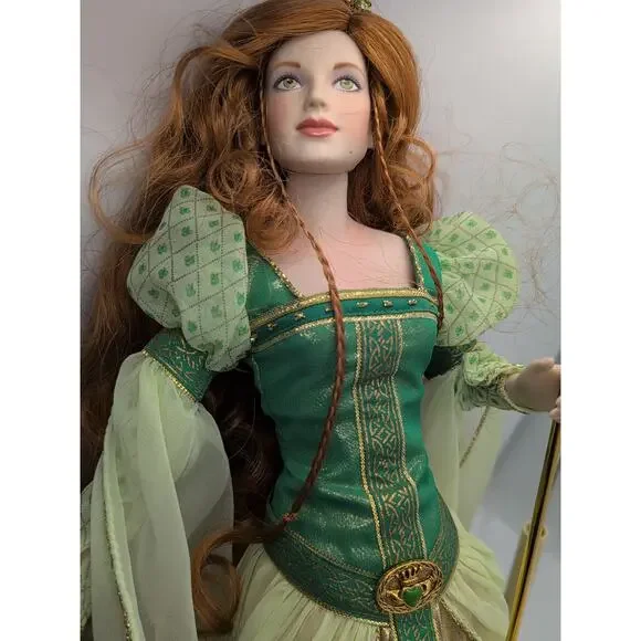 Stunning Celtic Irish Princess Doll Red Hair Green Gown Gold Accents Basket Stunning Celtic Irish Princess Doll Red Hair Green Gown Gold Accents Basket